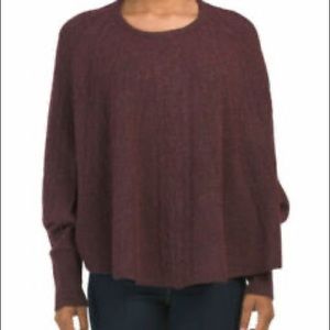 Rachel Roy Batwing Poncho Wool Sweater OS Burgundy Cable Knit